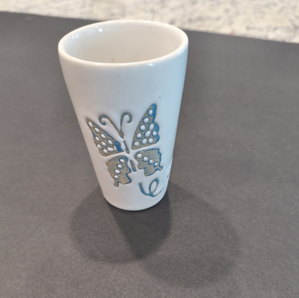 White Ceramic Vase with Butterfly and Flower Designs (PreOwned)